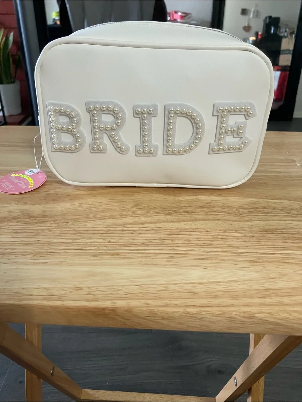 Pearl-Embellished Bridal Cosmetic Bag in White